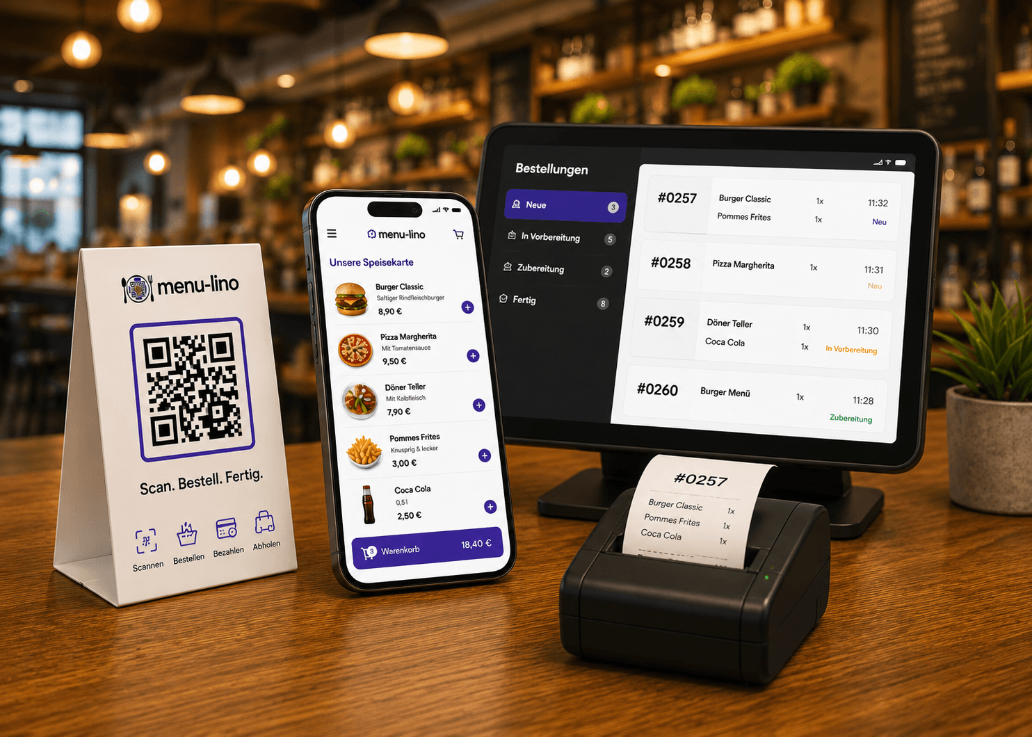 Menu-Lino Bestellplattform mit digitaler Speisekarte, QR-Code und Restaurant-Dashboard